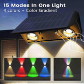 Solar-powered outdoor light with 15 modes, 4 colors, and color gradient on a house exterior.